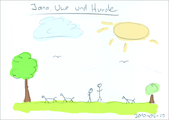Jana, Uwe und die Hunde (Jasper, Jara, Jonas) gehen auf der Wiese spazieren
