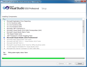 Bildschirmfoto vom Assistent wÃƒÂ¤hrend der Installation von Visual Studio 2010 Professional