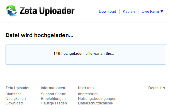Große Dateien kostenlos online senden Upload-Fortschritt