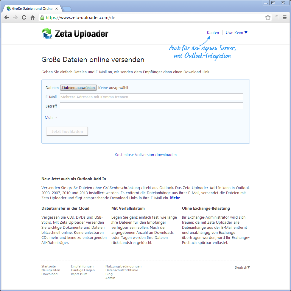Zeta-Uploader, mit Handschrift