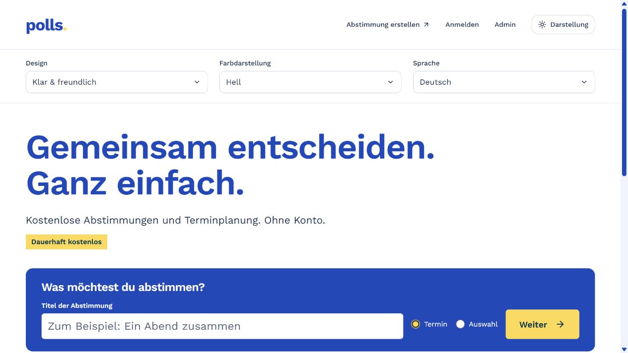 Darstellungsmenü mit separater Auswahl für Design, helle oder dunkle Farbdarstellung und Sprache