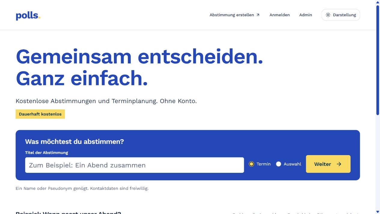 Startseite von polls mit dem direkten Einstieg in Terminplanung und Auswahl-Abstimmungen